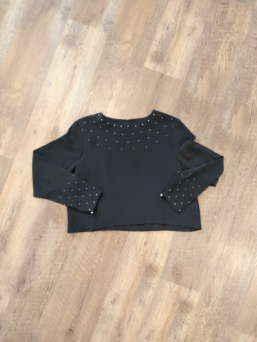 Jordan Black Silk Cropped Long-Sleeve Top with Pearl Studs